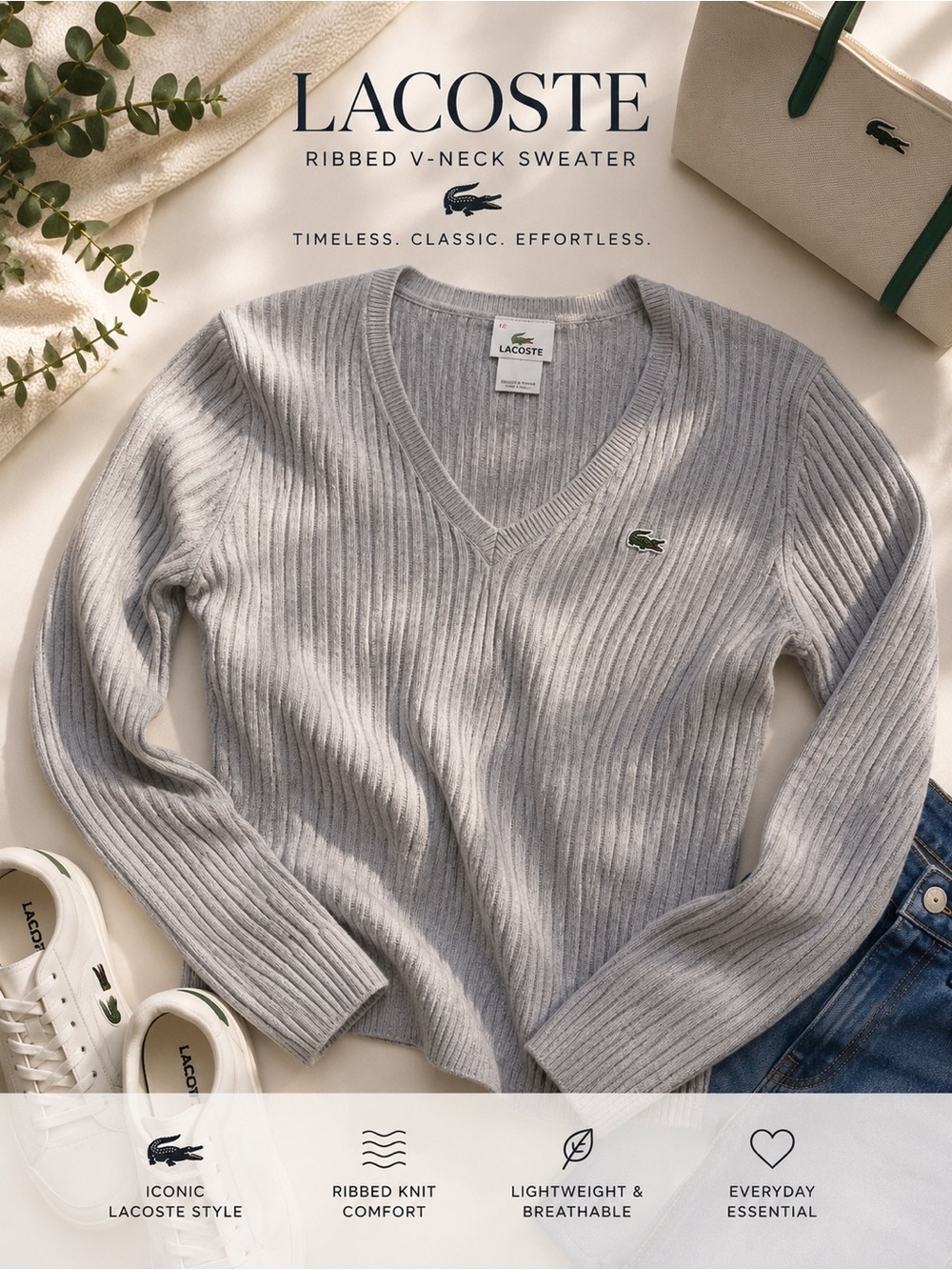 Lacoste Women's Ribbed V-Neck Sweater in Light Gray